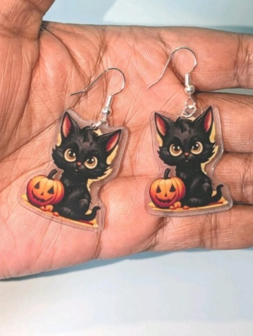 Halloween Black Cat and Pumpkin Dangle Earrings - Unbranded